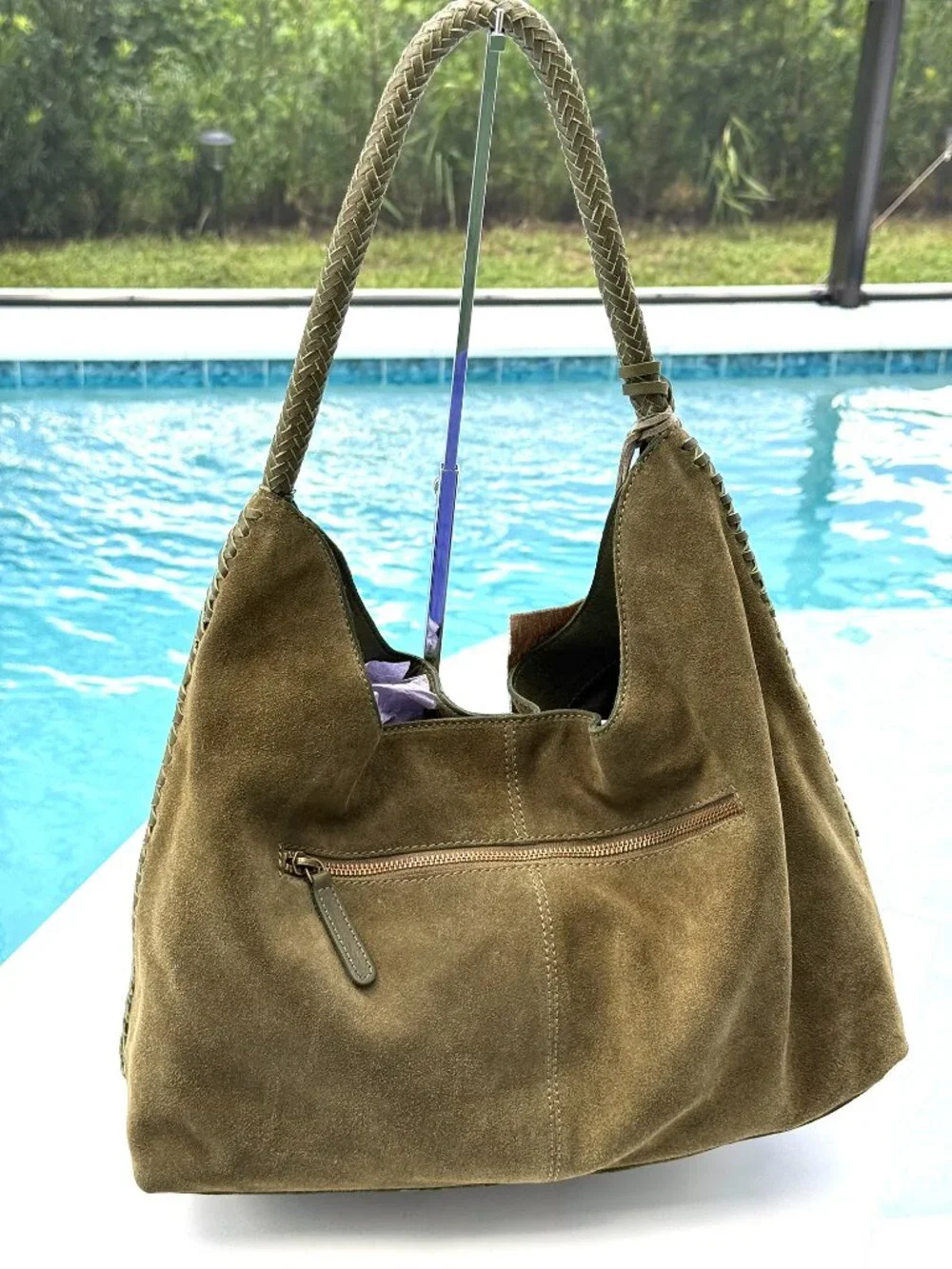 Vilenca Holland Suede Slouchy Hobo Shoulder Bag Green Boho Whipstitch Tassel NWT